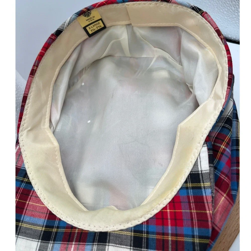 Vintage Plaid Flat Cap Red Blue White Tartan Driver Hat USA XL 7 1/2-7 5/8